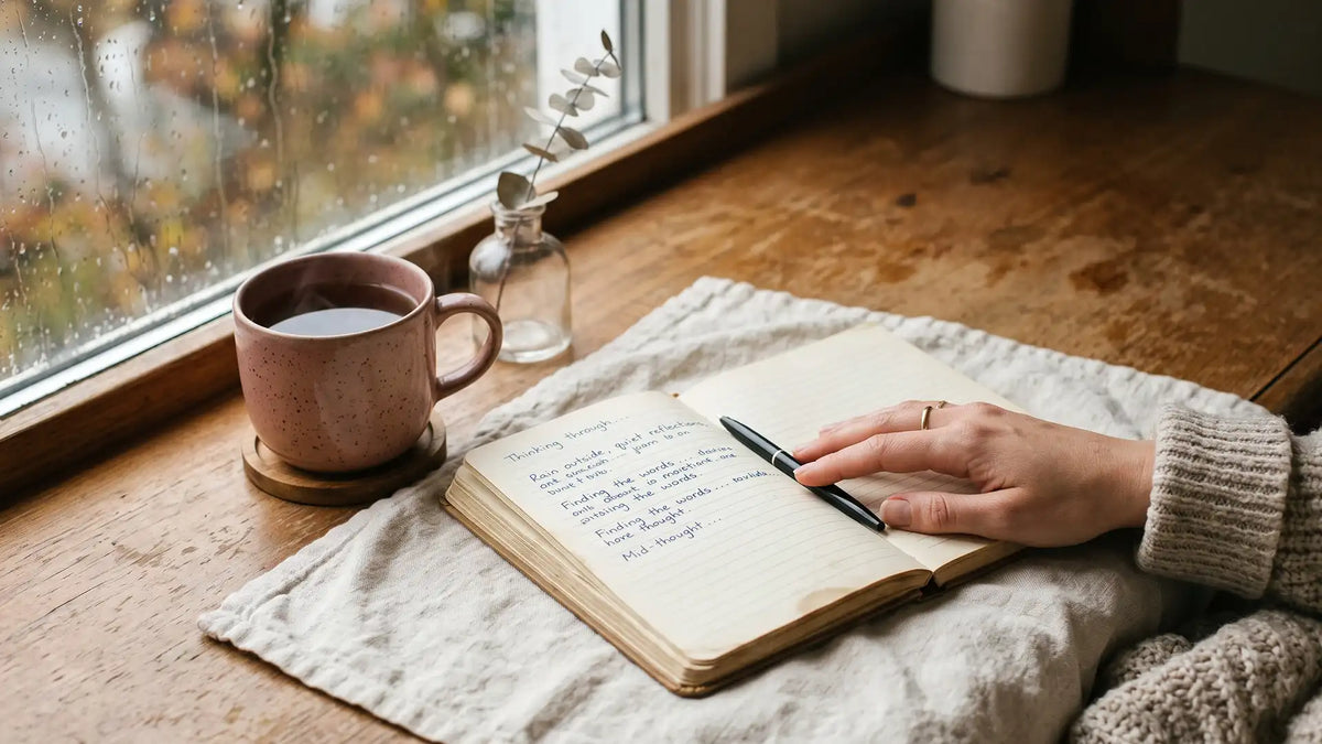 A journal and tea resting by a rainy window, a soft pause in INFP people-pleasing