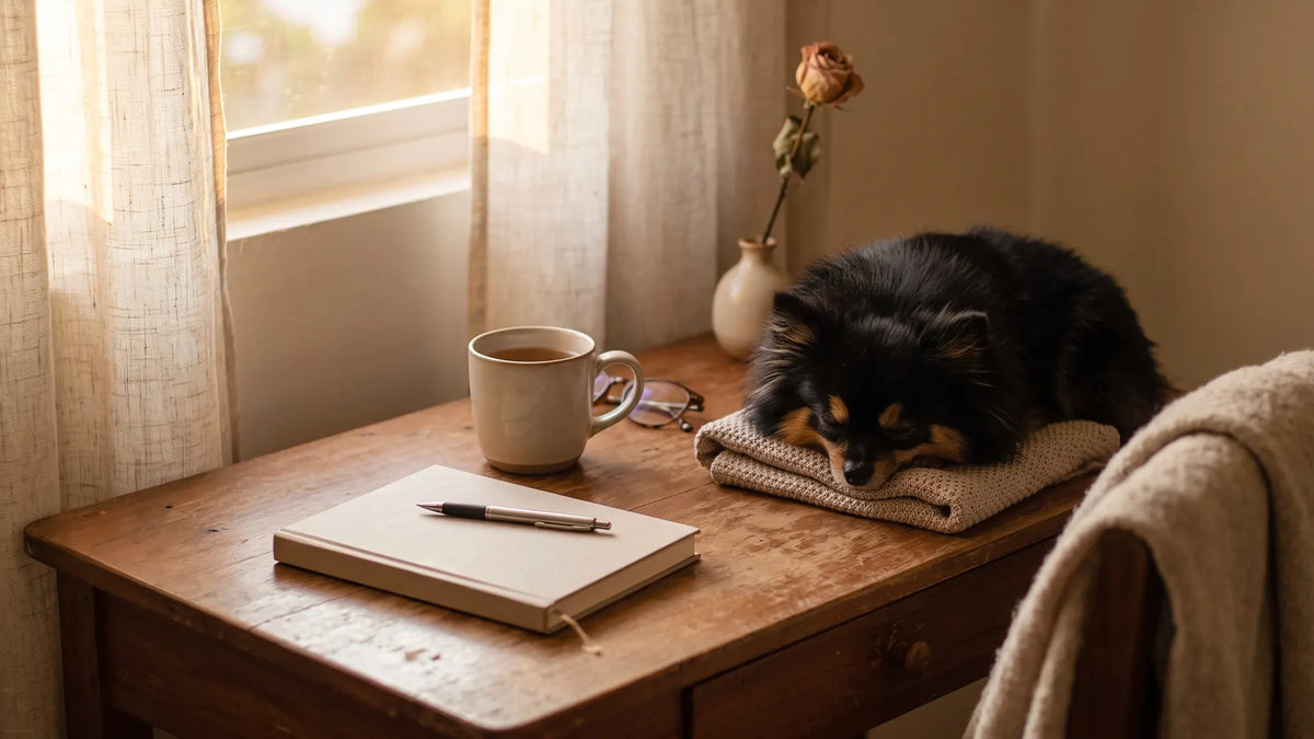 A closed notebook and cold tea in golden light, the quiet shape of INFP procrastination