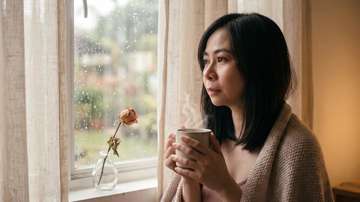 A tender woman by a rainy window, the quiet intensity of INFP love