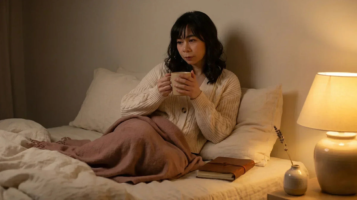Young woman holding warm mug at night, lost in thought about INFP self-criticism