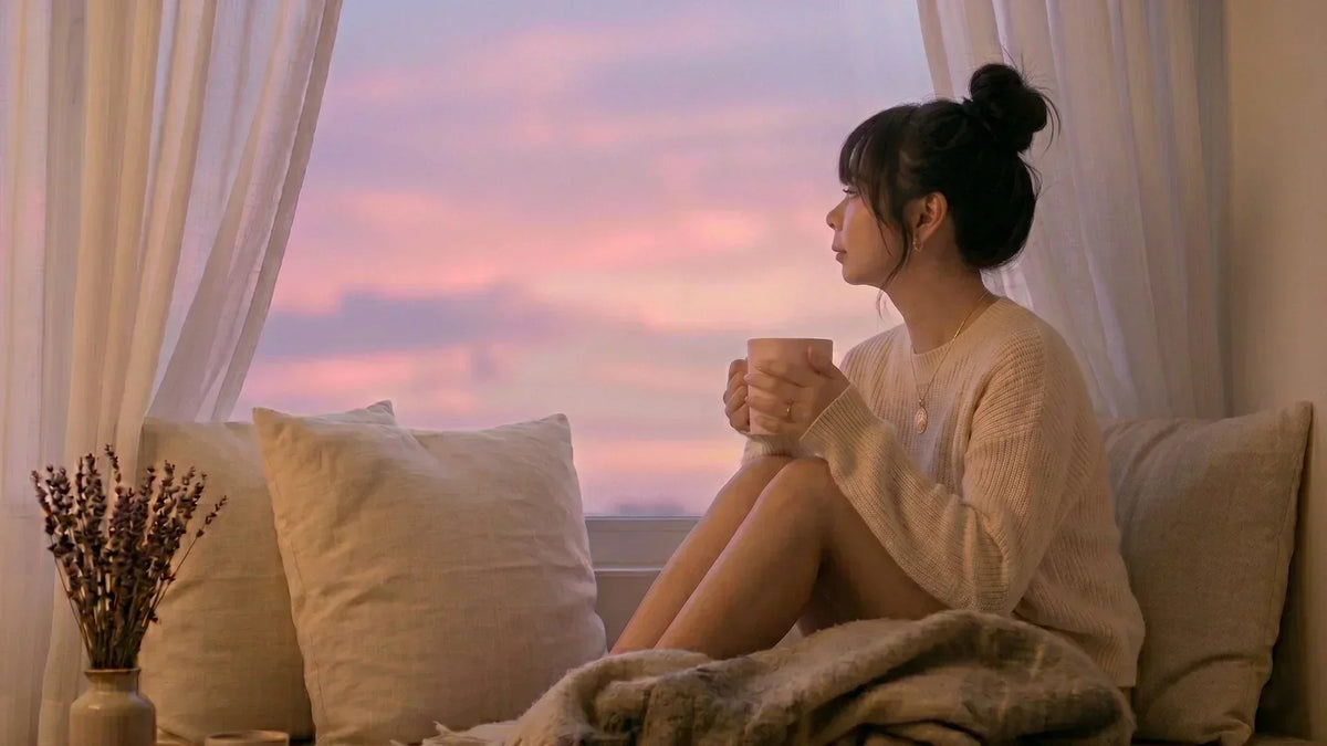 Sensitive woman watching pink twilight sky from a cozy window seat with a warm mug