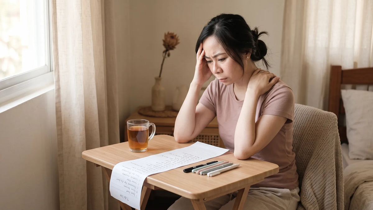 A tired young woman at a cluttered desk, worn thin by INFP stress
