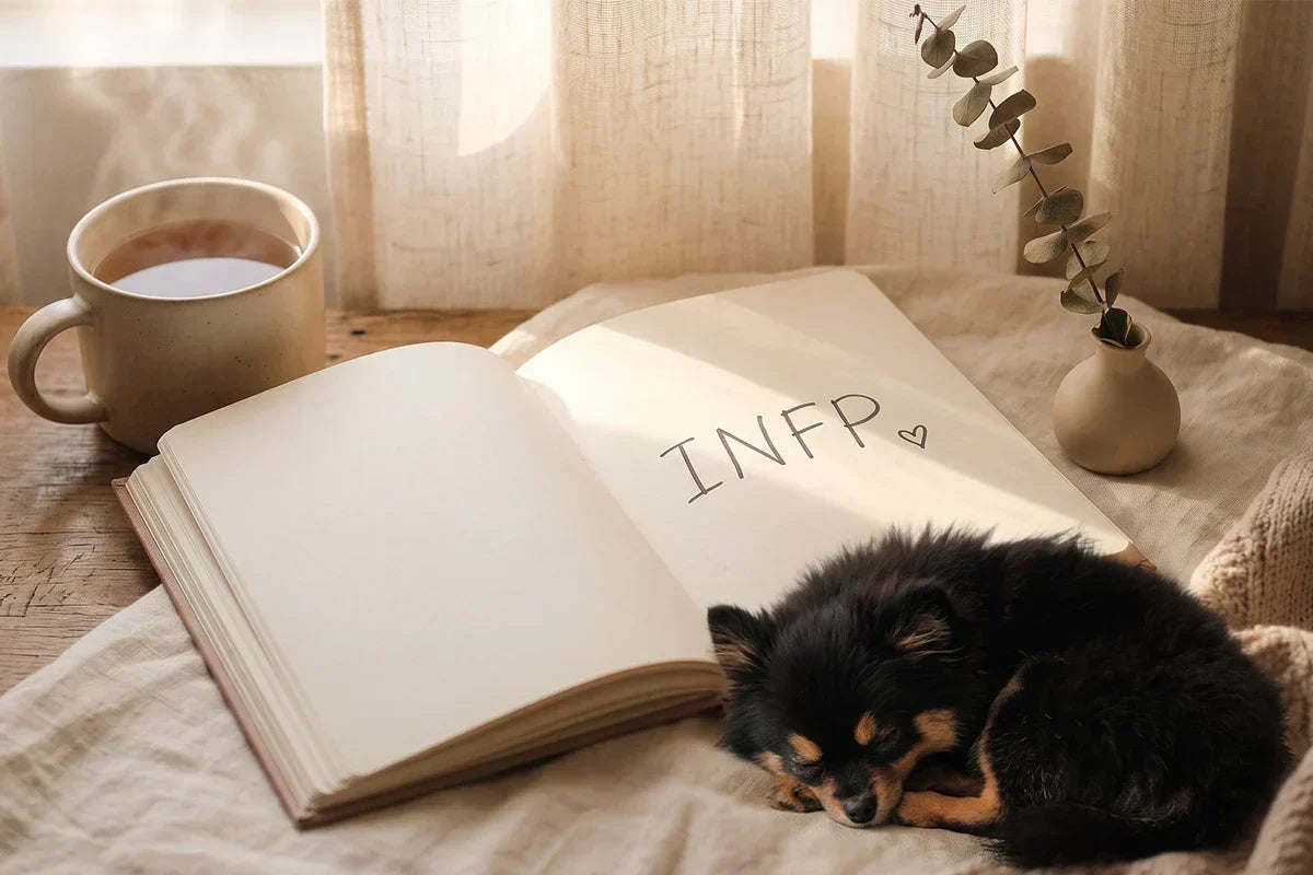 A journal with INFP written by hand in soft golden light, exploring INFP-T vs INFP-A