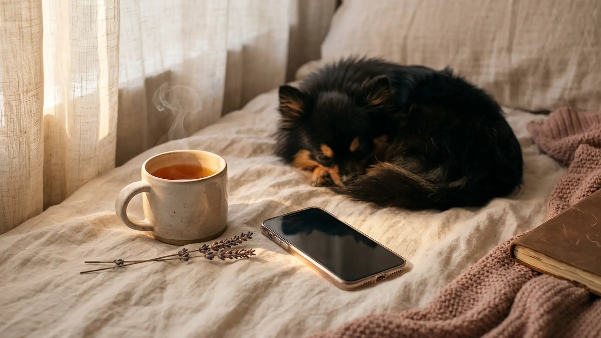 Phone lying face-down on a linen blanket beside tea, Munchkin the Pomeranian asleep behind it