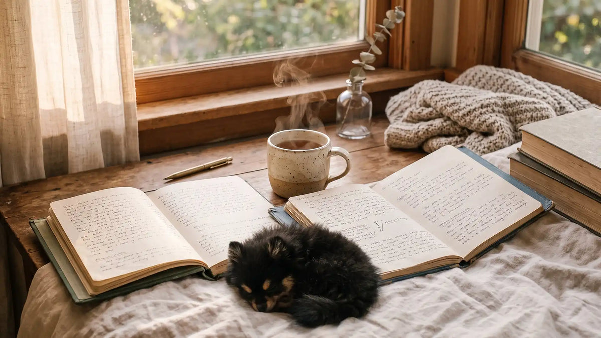 Two open journals and tea on a cozy desk for an INFP vs ENFP guide, a small dog asleep nearby