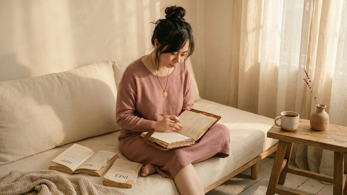 Young woman journaling softly on a cream daybed exploring INFP vs INFJ identity