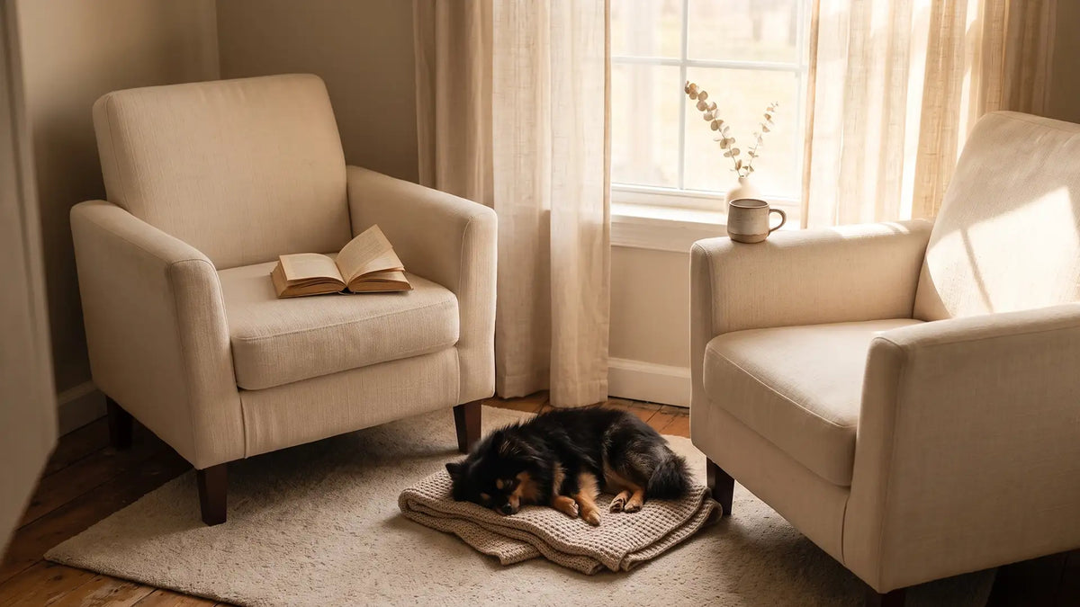 Two soft armchairs facing different directions, illustrating the INFP vs ISFP difference