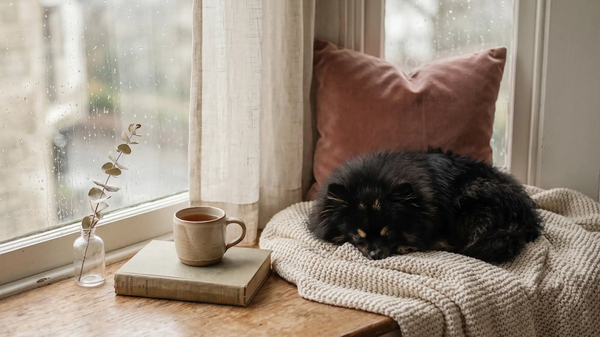 Cozy rainy window seat with a soft throw and a sleeping Pomeranian, the soft retreat of INFP withdrawal