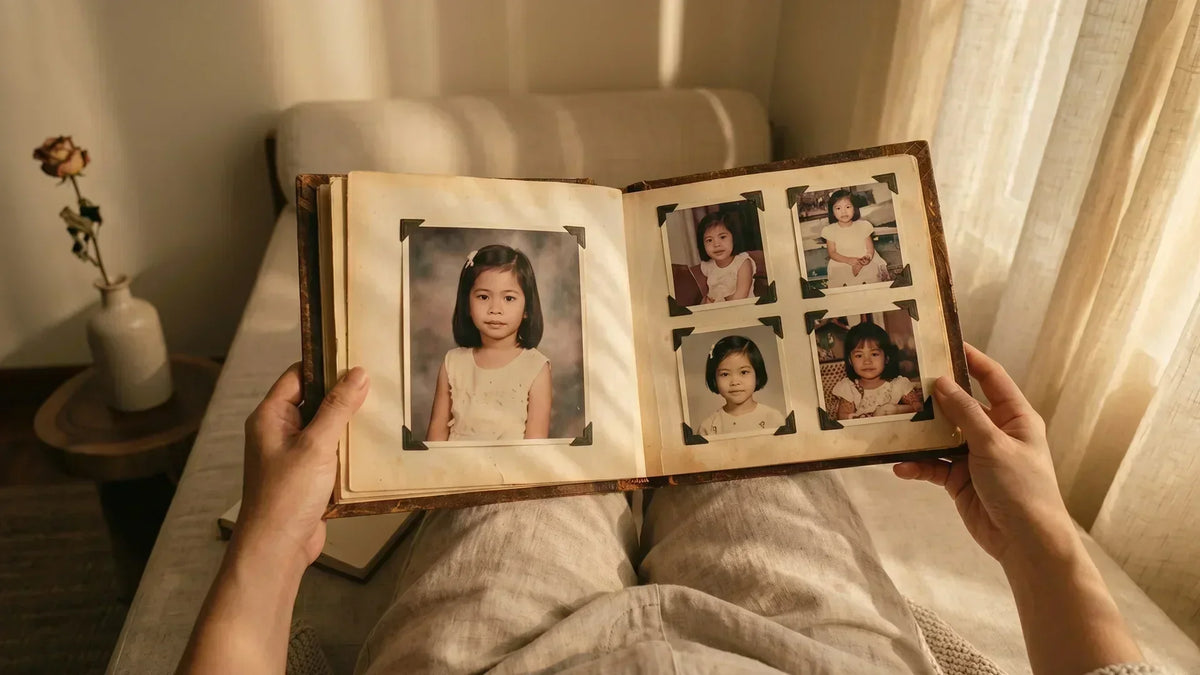 Woman tenderly holding a childhood photograph during inner child healing practice