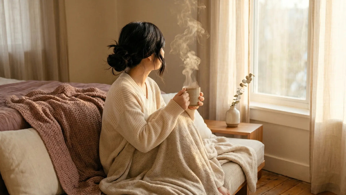 Tired introvert resting quietly by a sunlit window with warm tea
