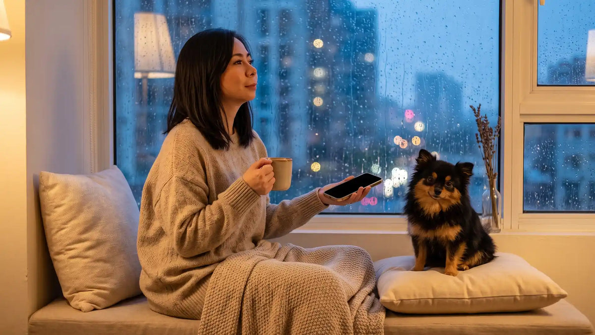 Woman on a window seat reading a cancelled-plans text as Munchkin the Pomeranian sits beside her