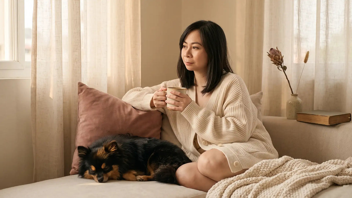 Introvert resting and recovering from a social hangover in soft morning light with a small dog asleep nearby