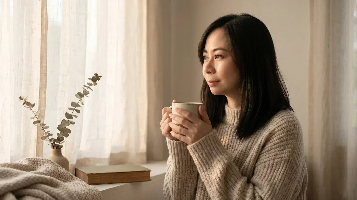A calm woman with tea by a sunlit window, the sensitive soul untangling introvert vs HSP vs empath