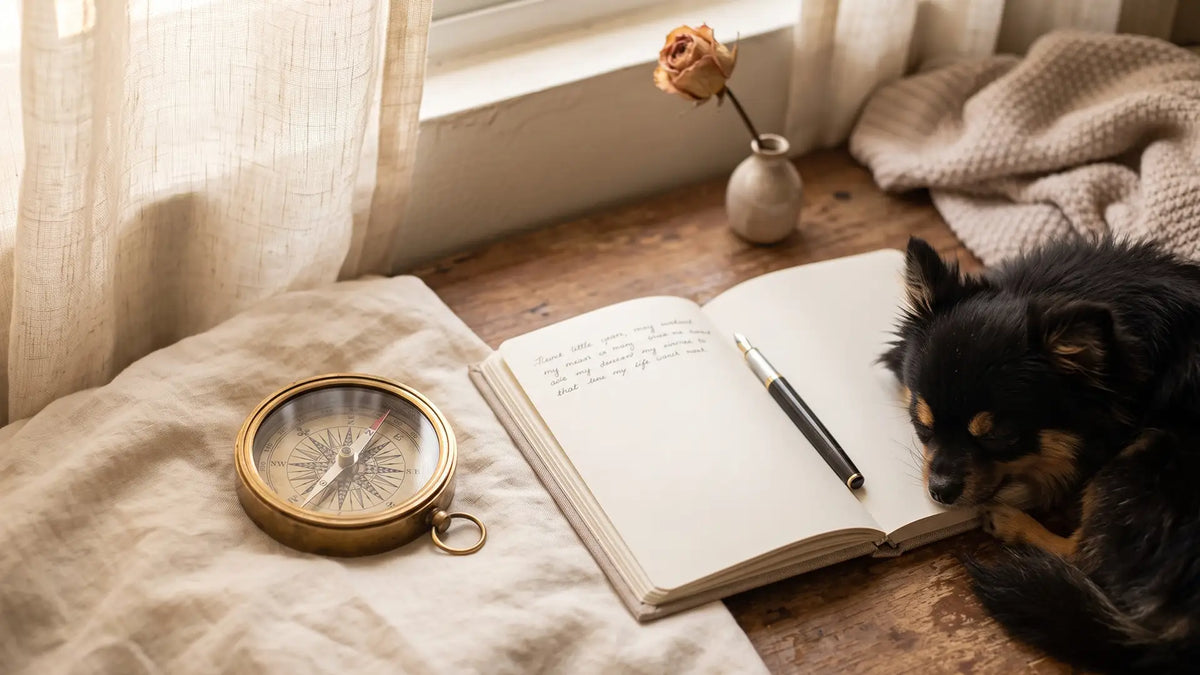 A brass compass and open journal in golden light representing introverted feeling