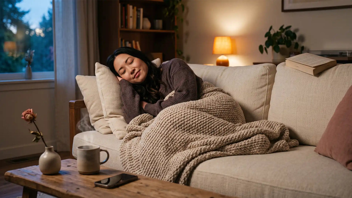 Woman exhaling on a cozy sofa after plans are cancelled, the quiet joy of missing out
