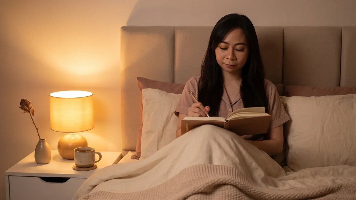 Woman using journal prompts before bed by soft lamplight to quiet a racing mind