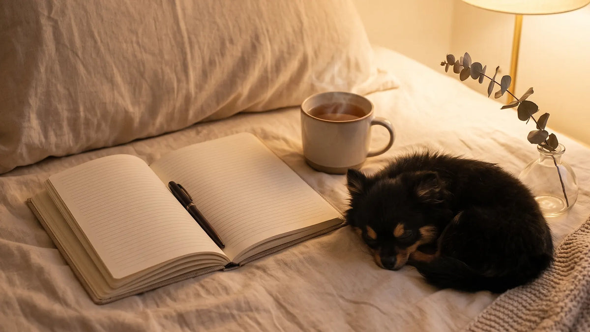 An open journal in warm lamplight with a sleeping dog, ready for journal prompts for anxiety
