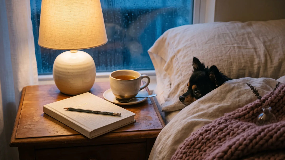 Closed journal and tea on a lamplit nightstand, Munchkin the Pomeranian peeking over the bed
