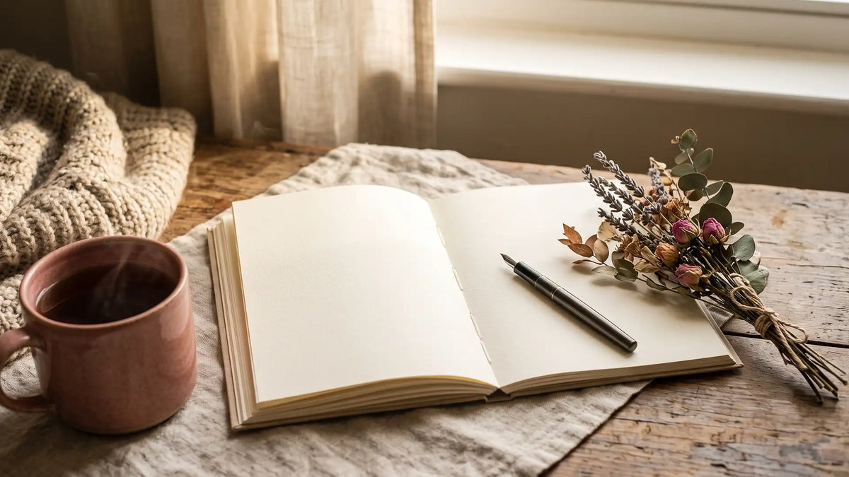 An open journal and tea by a soft window, ready for journal prompts for letting go