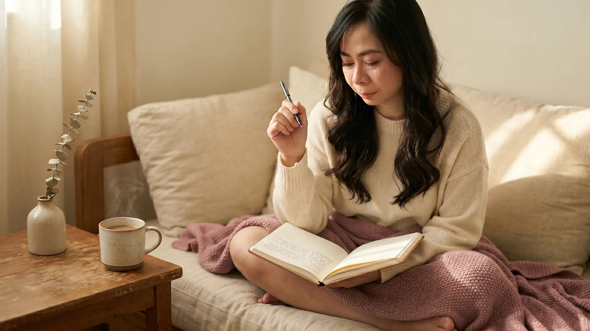 Young INFP woman journaling for emotional overwhelm in a cozy linen daybed corner