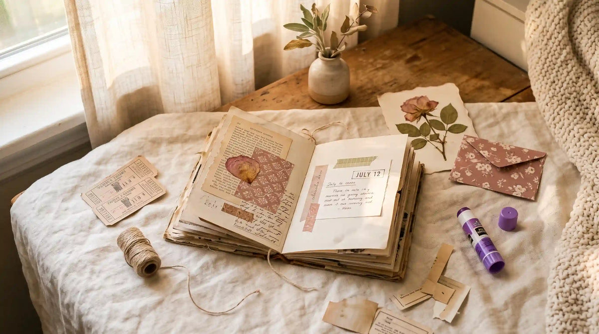 An open junk journal surrounded by saved ticket stubs, a pressed flower, and a pretty envelope in soft morning light