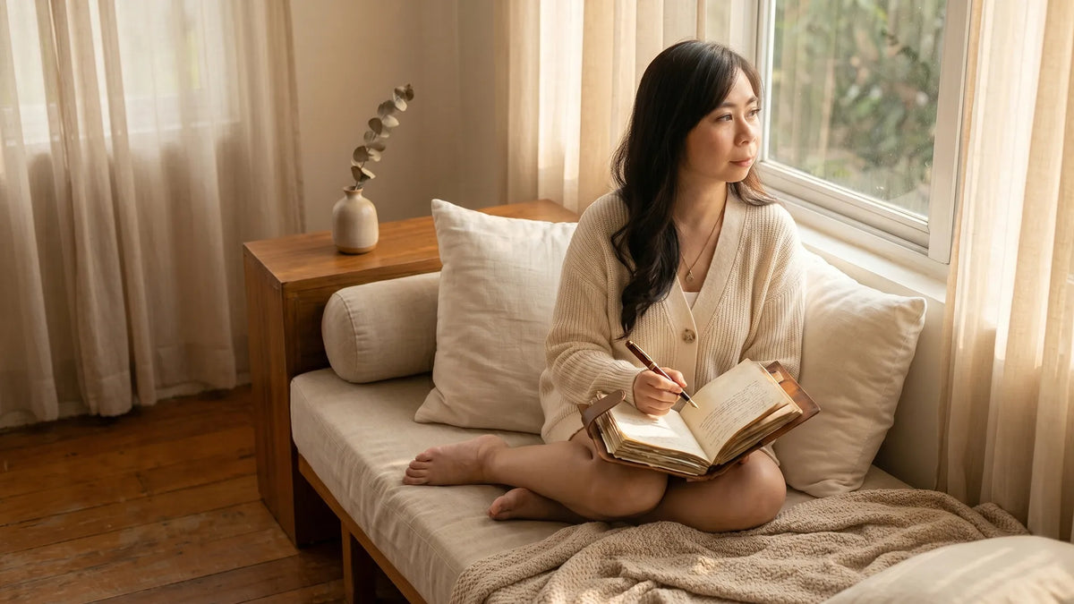 Soft-hearted INFP woman recognizing limerence by a sunlit window with a journal