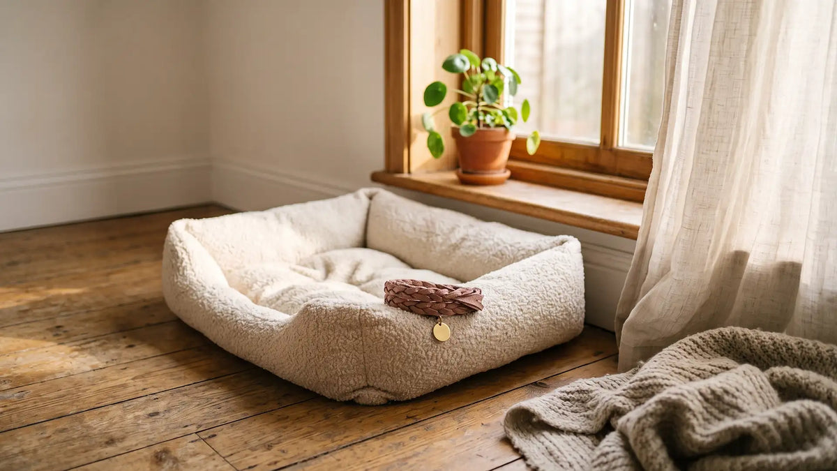 Empty pet bed and folded collar in soft morning light after losing a pet