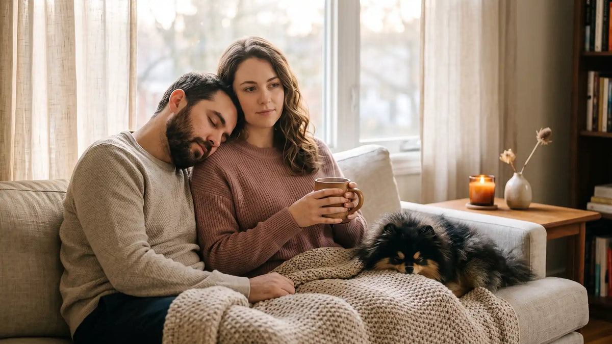 A couple sitting close in soft evening light, quiet company when loving a highly sensitive person