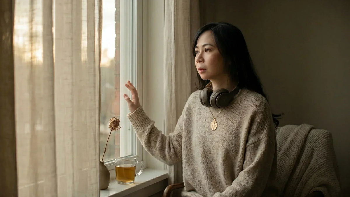 Woman lost in maladaptive daydreaming while gazing softly out a sunlit window