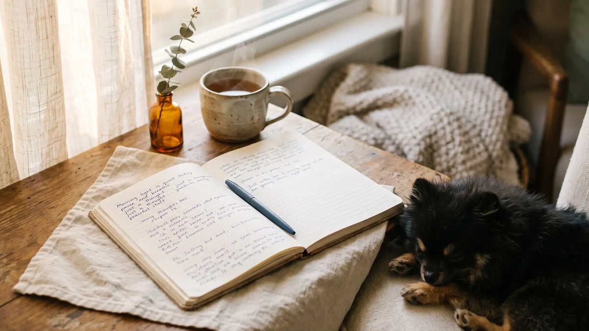Open notebook and warm tea in soft morning light for morning pages, a dog asleep nearby