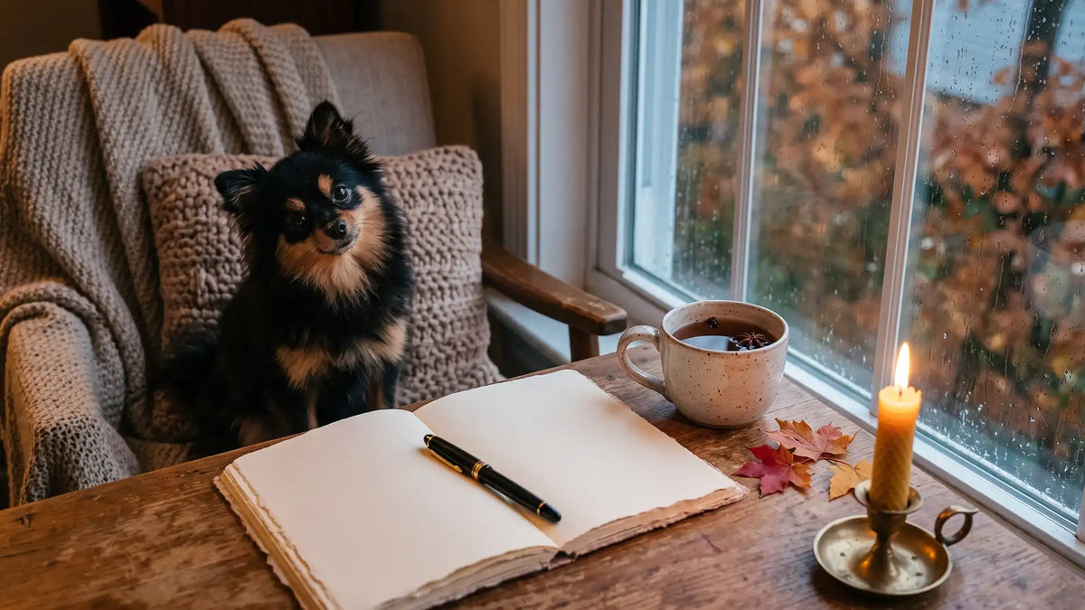 Open journal, candle, and maple leaves on a desk at dusk, Munchkin the Pomeranian sitting beside it