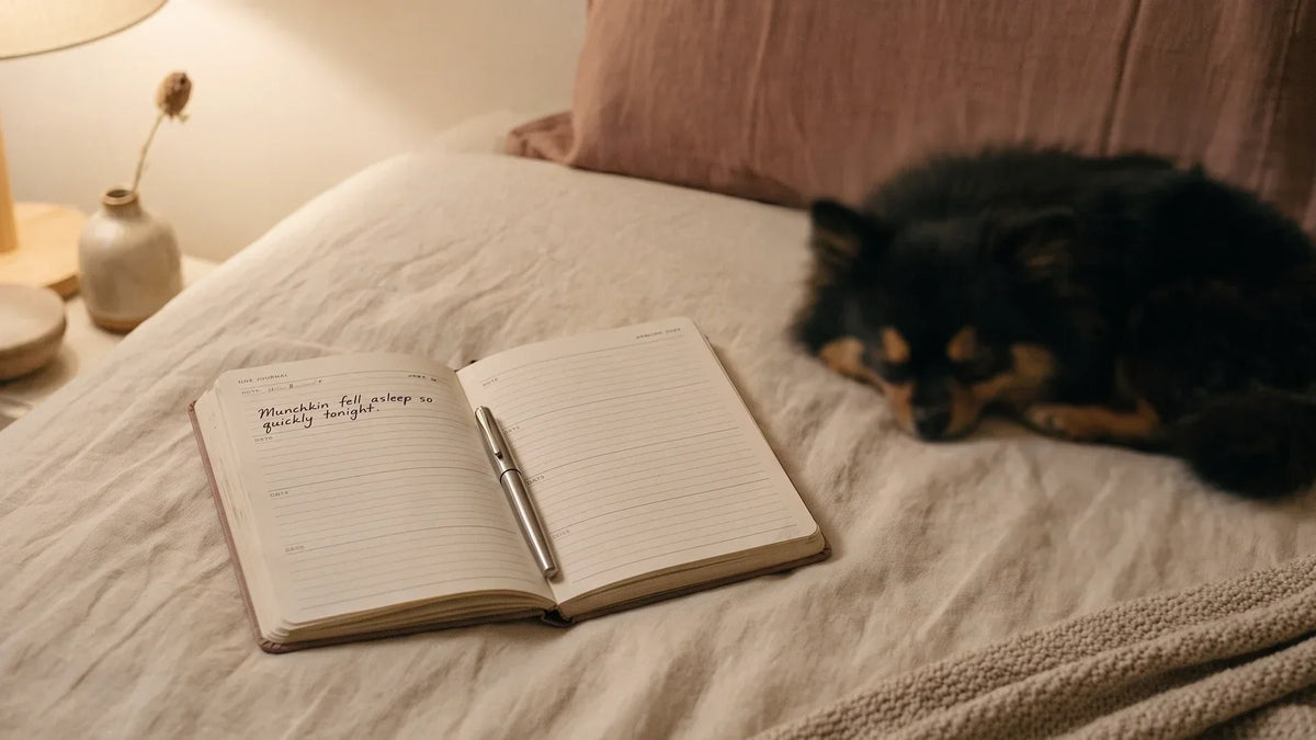 A one line a day journal with a single handwritten sentence, Munchkin asleep beside it