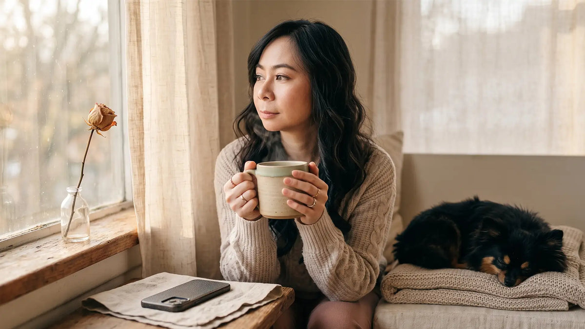 A woman by a window letting a hard feeling settle, on rejection sensitivity