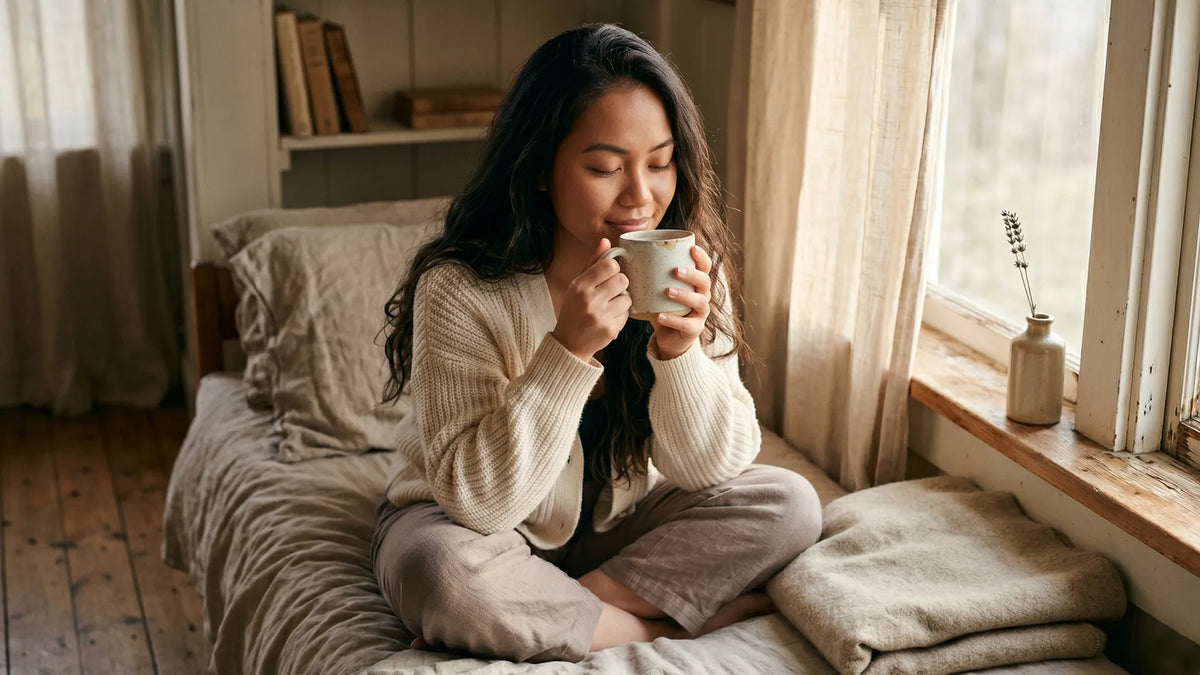 Woman quietly savoring her first sip of coffee in a sunlit corner, romanticizing her life softly