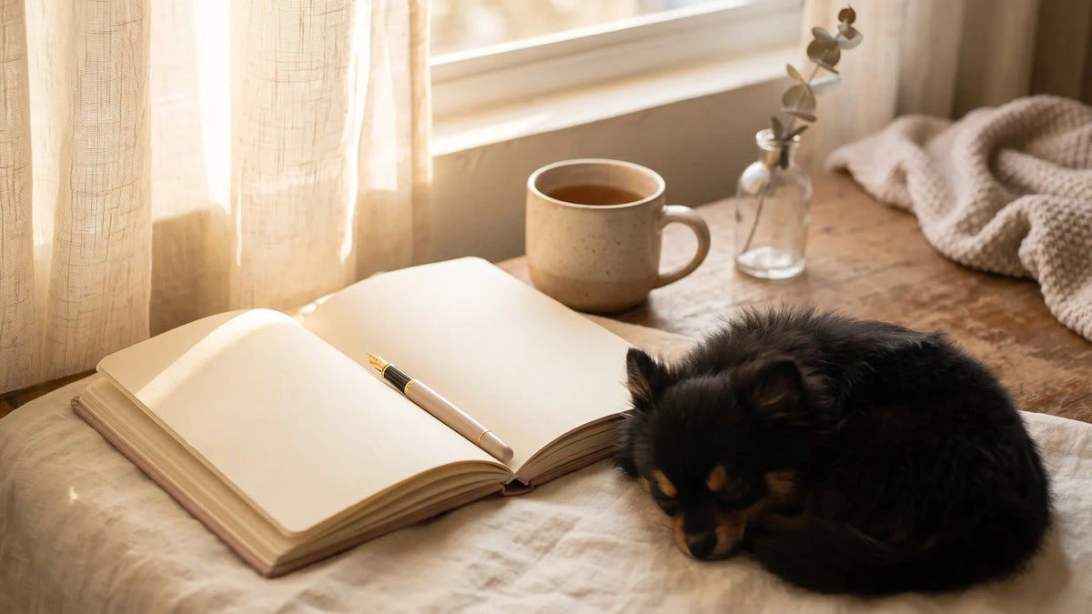 Open journal in soft golden light with a sleeping dog, for self-discovery journal prompts