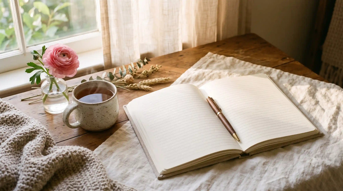 A journal and tea in soft golden light, a quiet space for self-love journal prompts