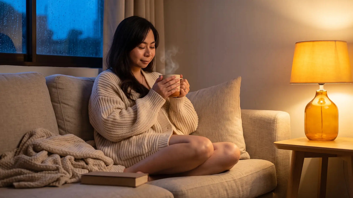 Woman savoring a warm mug in the lamp corner at dusk, a simple pleasures list moment