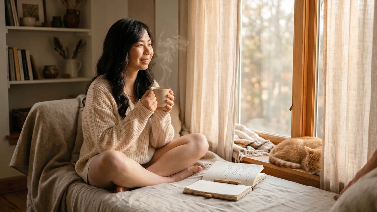 Woman holding warm mug by window in soft golden morning light