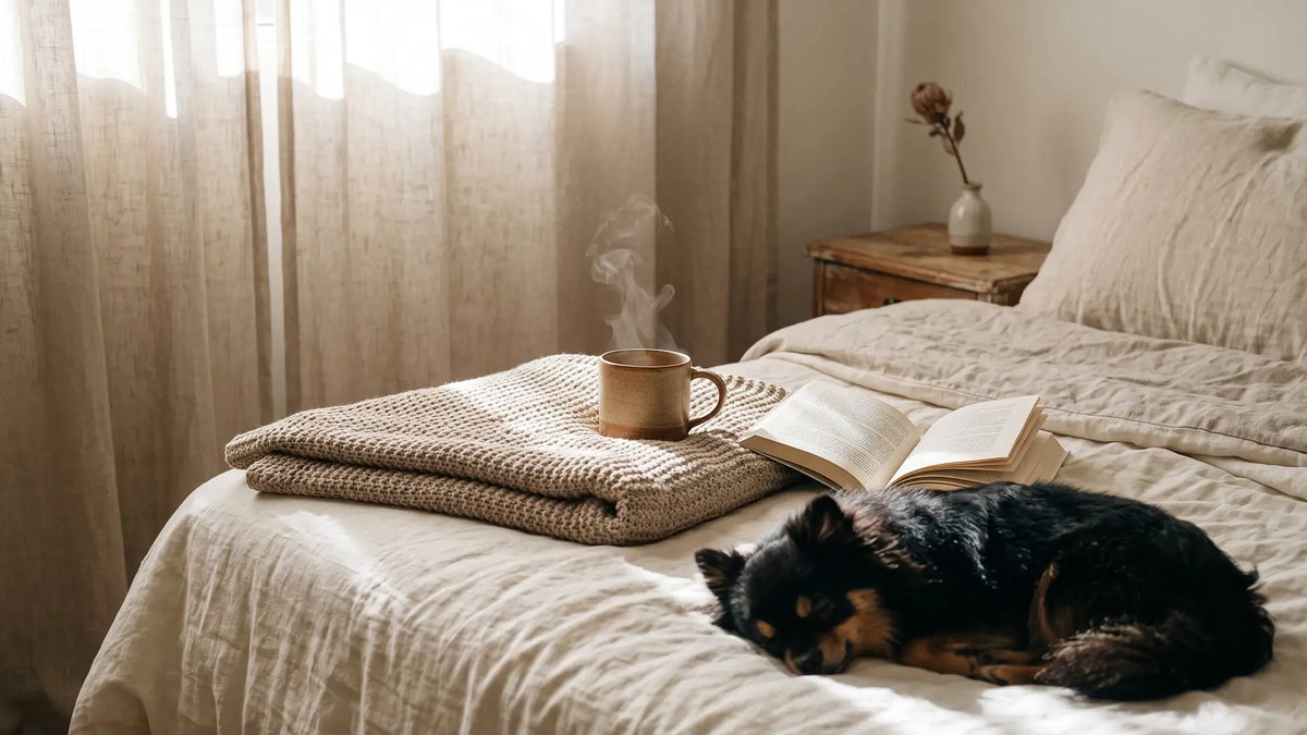 A slow Sunday morning with tea and soft golden light, a gentle slow Sunday ritual