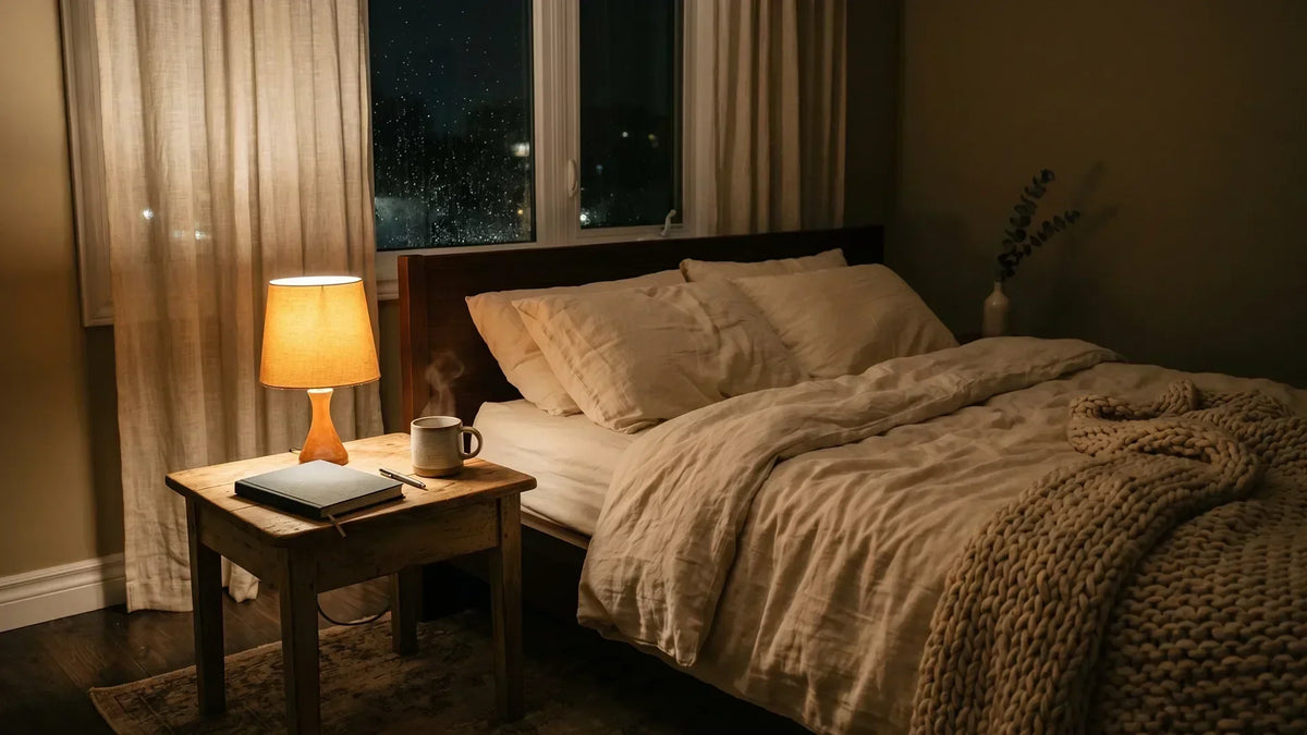A dim cozy bedroom at night with a warm lamp, set for a soft evening routine