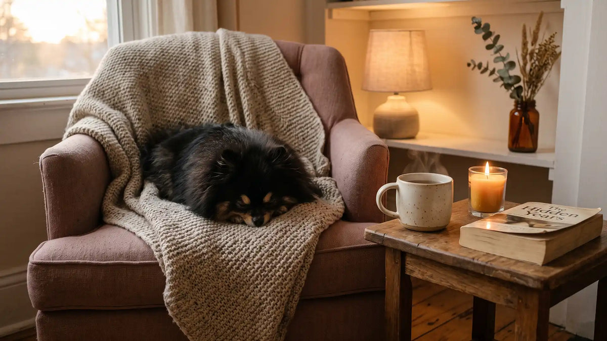 A cozy lamp-lit corner with tea and a sleeping dog, a soft life on a budget at home
