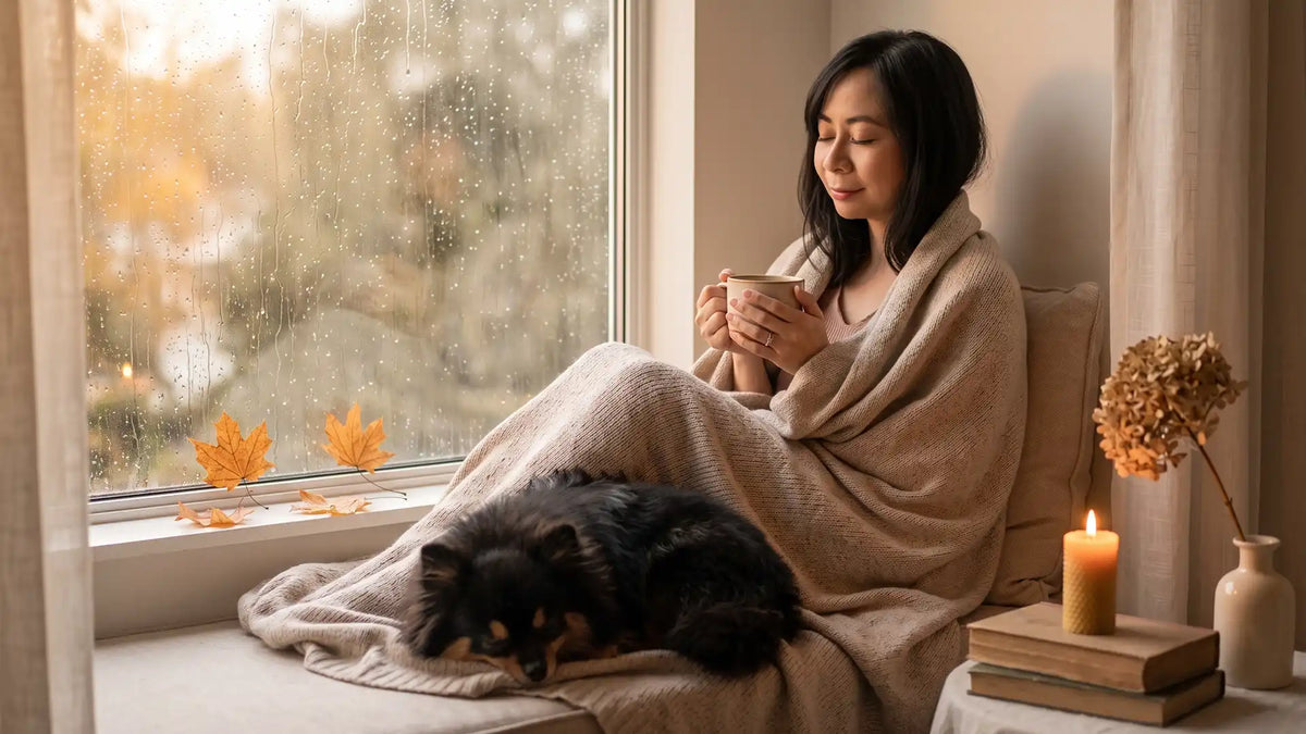 Woman wrapped in a knit blanket holding tea by a rainy window, Munchkin the Pomeranian asleep beside her