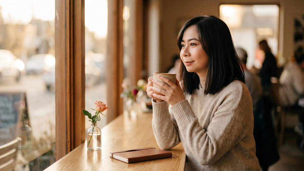 Introvert on a solo date at a cozy cafe window, content and alone in golden light