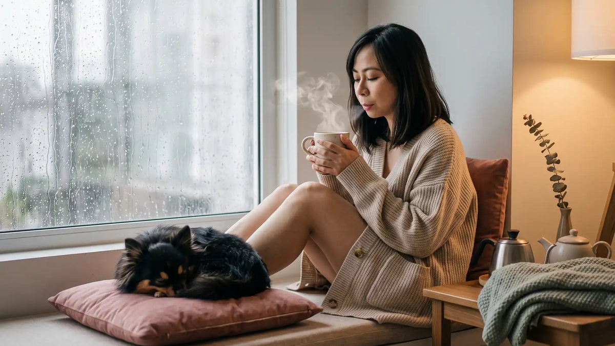 Woman holding a steaming mug by a rainy window as Munchkin the Pomeranian sleeps beside her