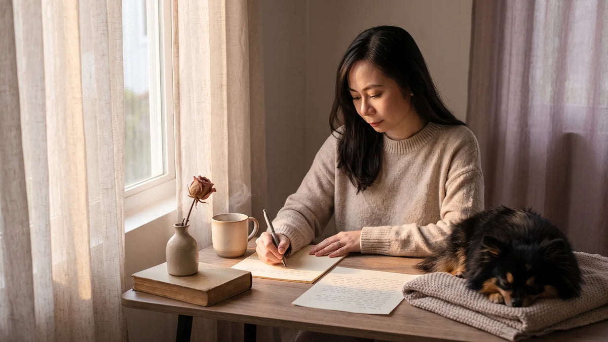 Woman writing an unsent letter at a sunlit desk with her small dog asleep nearby