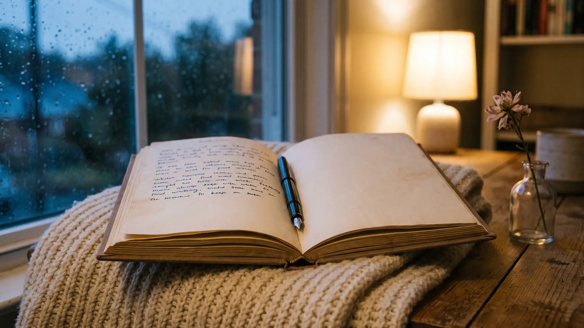 Open vent journal and pen by a rain-flecked window at dusk for private writing