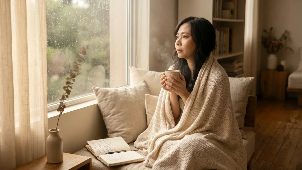 Highly sensitive person resting quietly with tea by a soft sunlit window