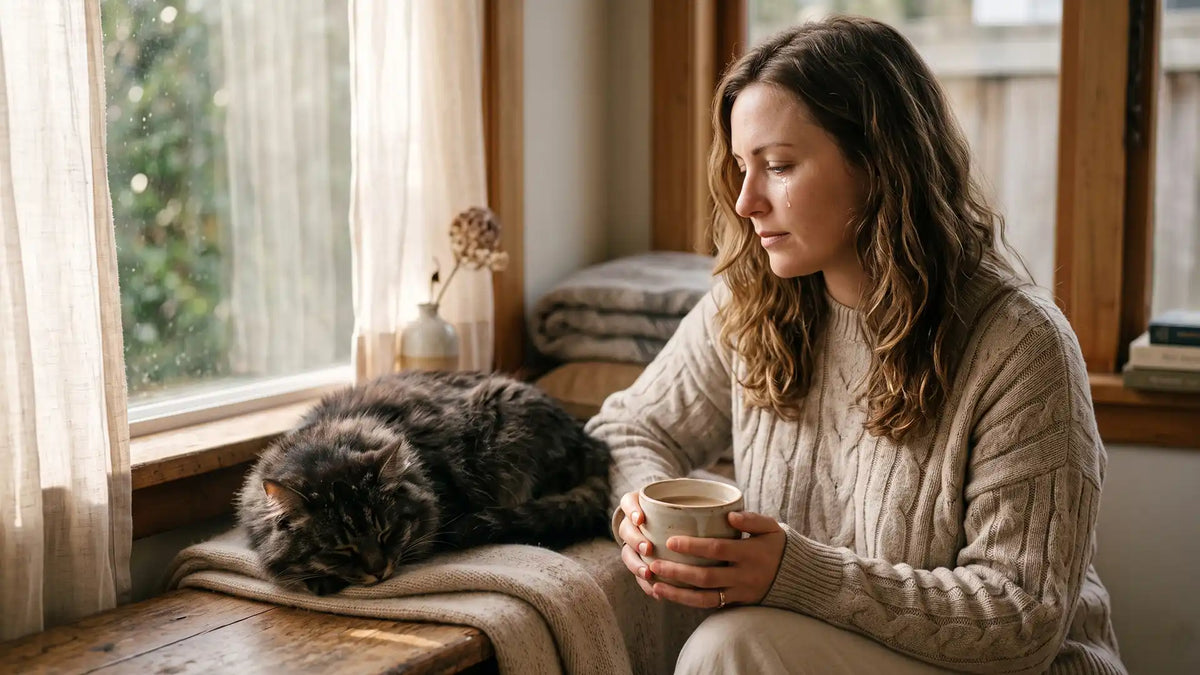 Woman moved to gentle tears in soft golden light, calm and unashamed