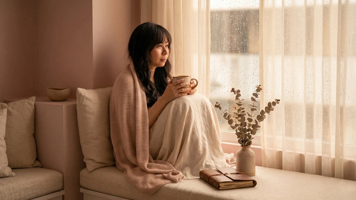 Soft INFP moment showing why INFPs feel so deeply, woman by rainy window with mug