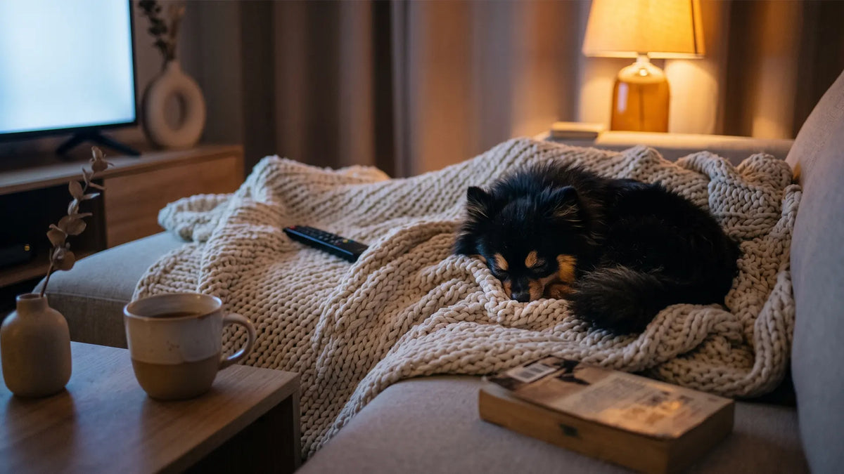A dim cozy sofa with a knit blanket and sleeping dog during an evening comfort shows rewatch